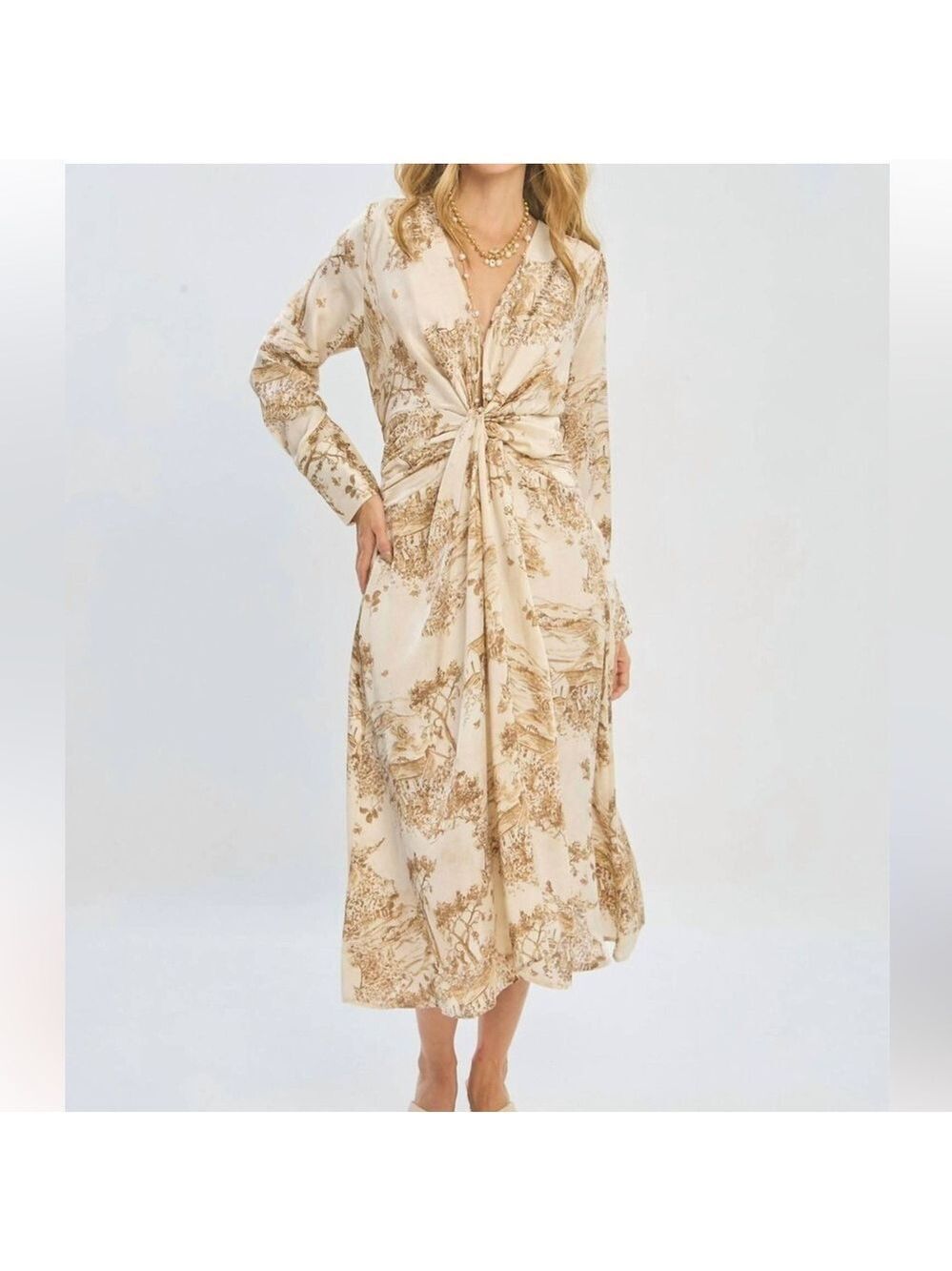 Dress Forum NWT The Fontaine Twist Women's Tan Floral Long Sleeve Midi Dress L